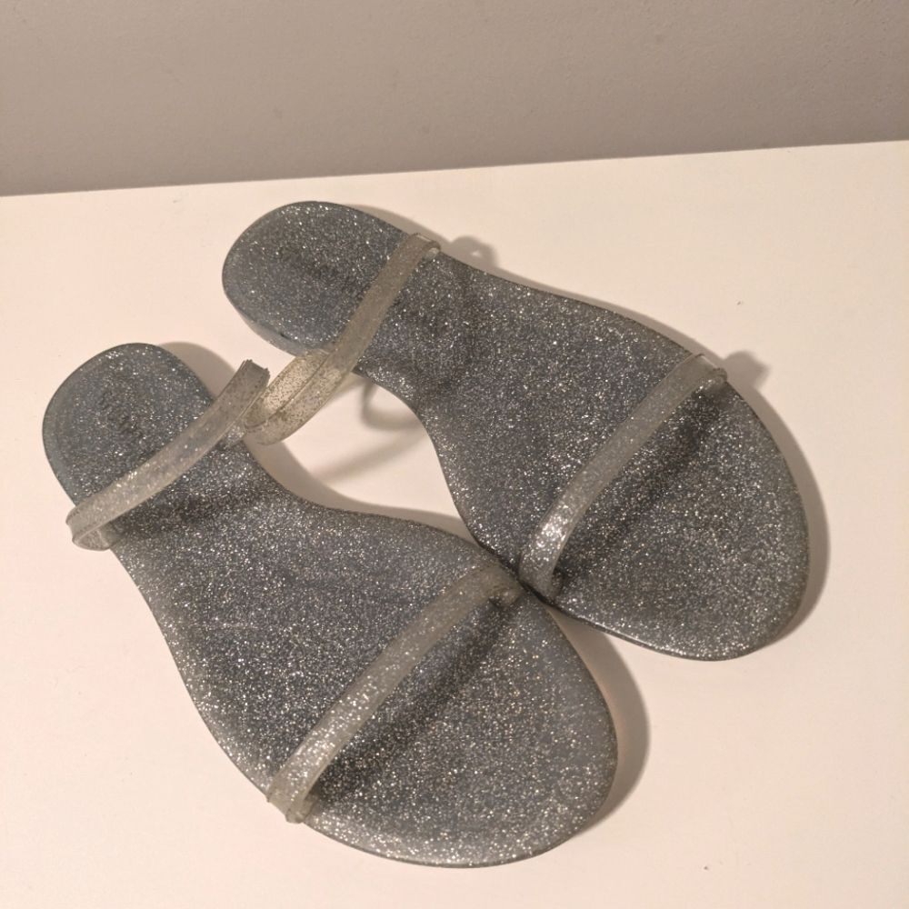 Stuart Weitzman Sawyer Slide Silver Sparkle Jelly Sandals Size 9